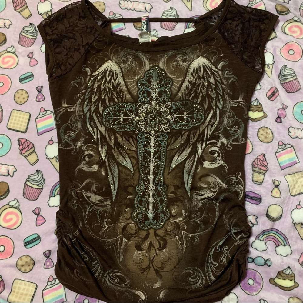 Y2K Embellished Brown Top with Cross Design M
